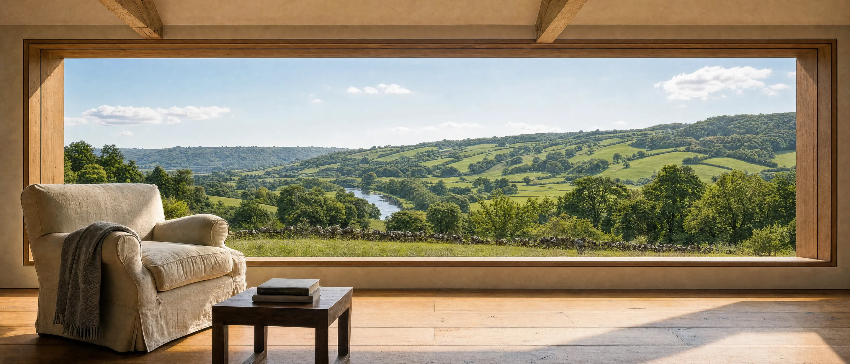 A quiet room with one long window looking out over green hills and a river on a bright morning.